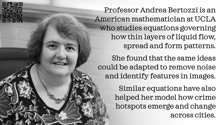 Poster of Andrea Bertozzi. Professor Andrea Bertozzi is an American mathematician at UCLA who studies equations governing how thin layers of liquid flow, spread and form patterns. She found that the same ideas could be adapted to remove noise and identify features in images. Similar equations have also helped her model how crime hotspots emerge and change across cities.