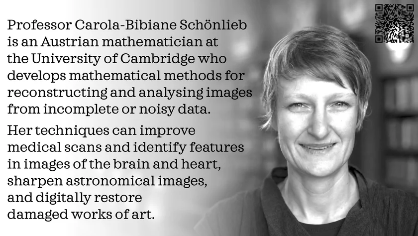 Poster of Carola-Bibiane Schönlieb. Professor Carola-Bibiane Schönlieb is an Austrian mathematician at the University of Cambridge who develops mathematical methods for reconstructing and analysing images from incomplete or noisy data. Her techniques can improve medical scans and identify features in images of the brain and heart, sharpen astronomical images, and digitally restore damaged works of art.