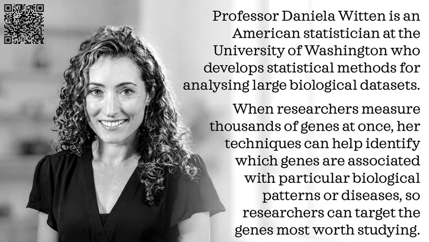 Poster of Daniela Witten. Professor Daniela Witten is an American statistician at the University of Washington who develops statistical methods for analysing large biological datasets. When researchers measure thousands of genes at once, her techniques can help identify which genes are associated with particular biological patterns or diseases, so researchers can target the genes most worth studying.