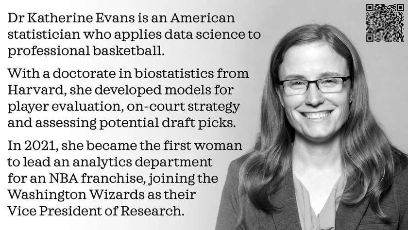 Poster of Katherine Evans. Dr Katherine Evans is an American statistician who applies data science to professional basketball. With a doctorate in biostatistics from Harvard, she developed models for player evaluation, on-court strategy and assessing potential draft picks. In 2021, she became the first woman to lead an analytics department for an NBA franchise, joining the Washington Wizards as their Vice President of Research.