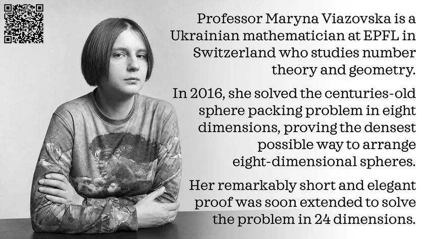 Poster of Maryna Viazovska. Professor Maryna Viazovska is a Ukrainian mathematician at EPFL in Switzerland who studies number theory and geometry. In 2016, she solved the centuries-old sphere packing problem in eight dimensions, proving the densest possible way to arrange eight-dimensional spheres. Her remarkably short and elegant proof was soon extended to solve the problem in 24 dimensions.