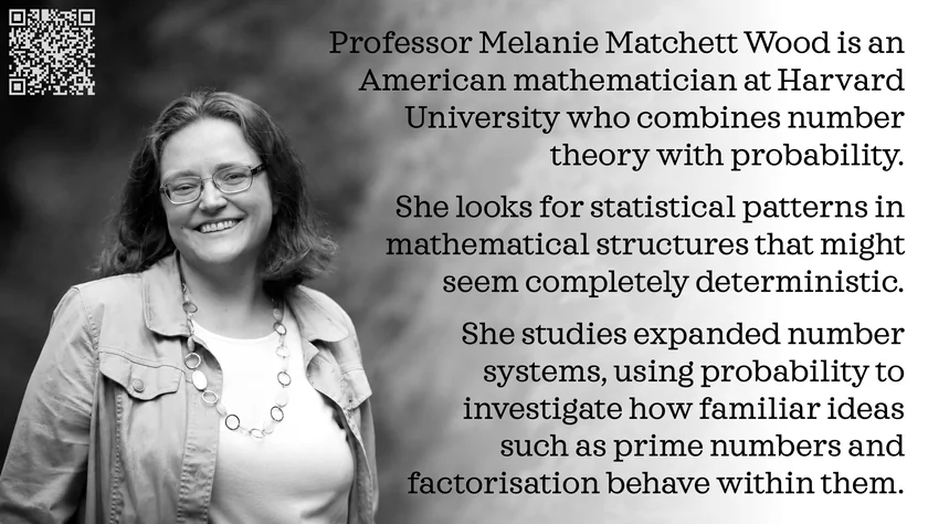 Poster of Melanie Matchett Wood. Professor Melanie Matchett Wood is an American mathematician at Harvard University who combines number theory with probability. She looks for statistical patterns in mathematical structures that might seem completely deterministic. She studies expanded number systems, using probability to investigate how familiar ideas such as prime numbers and factorisation behave within them.