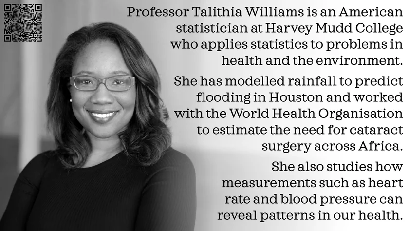 Poster of Talithia Williams. Professor Talithia Williams is an American statistician at Harvey Mudd College who applies statistics to problems in health and the environment. She has modelled rainfall to predict flooding in Houston and worked with the World Health Organisation to estimate the need for cataract surgery across Africa. She also studies how measurements such as heart rate and blood pressure can reveal patterns in our health.